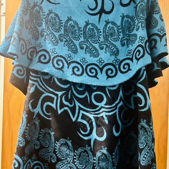 Pashmina Cashmere Wrap Silky SoftTeal Aqua Reversible Ruffled Shawl Poncho Cape - Picture 3 of 6